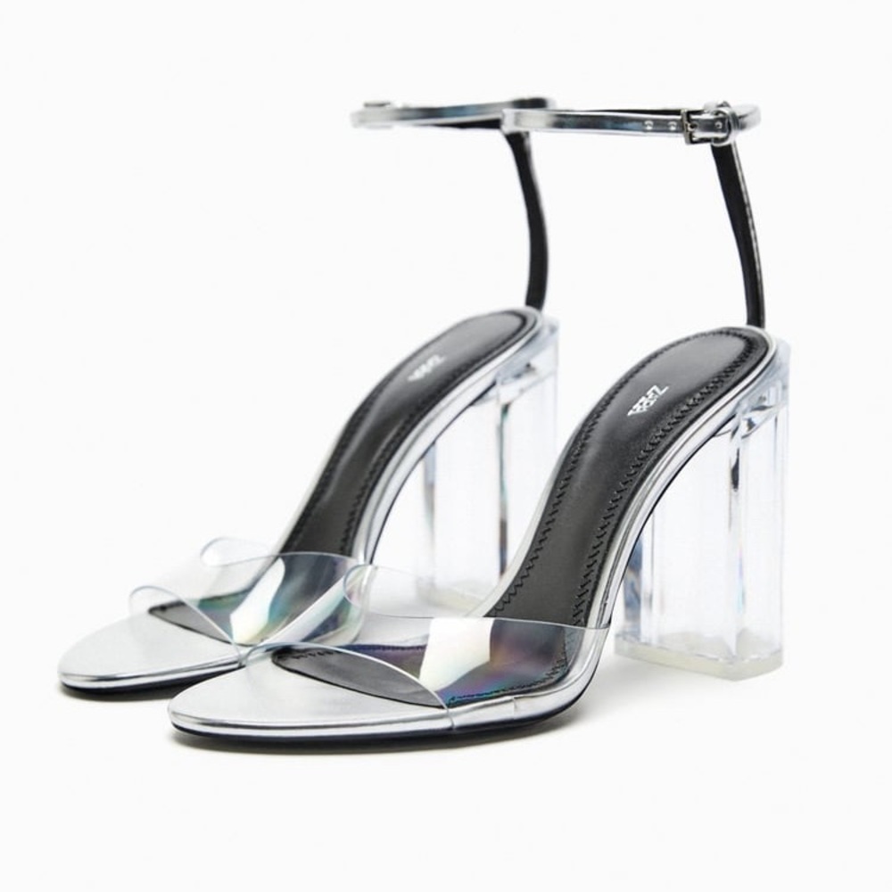 NWT. Zara Silver Vinyl Block Heel Sandals. Size 8. - Picture 3 of 9